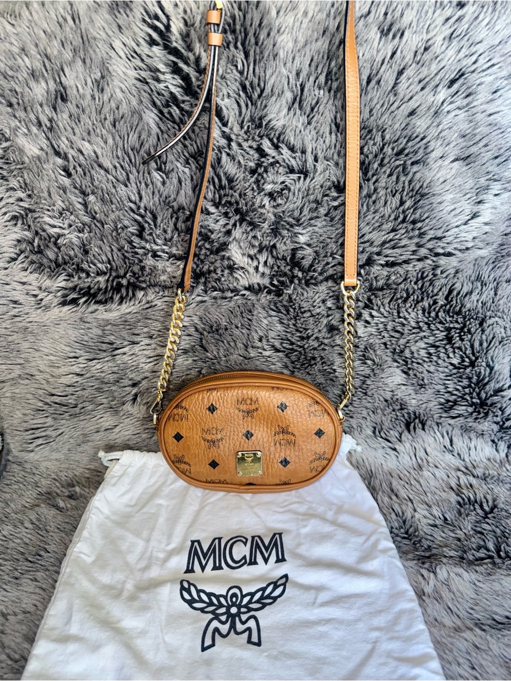 MCM Visetos Cognac Oval Crossbody Belt Bag w/ Dust Bag